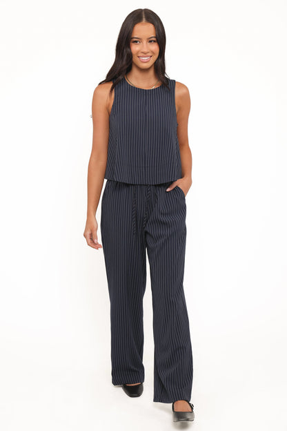 Women's Wide Leg Striped Pants – High Rise Navy Stripe Drawstring Trousers for Casual & Everyday Wear