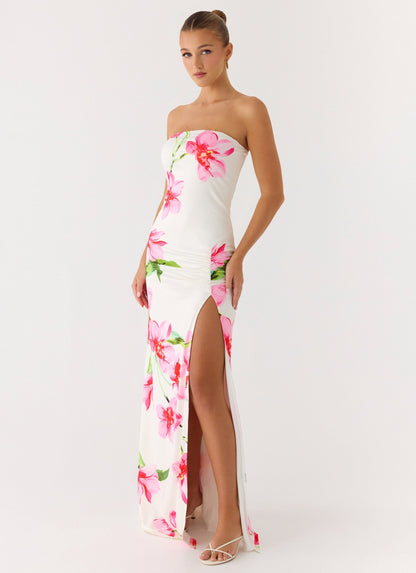 Women's Stretch Jersey Maxi Dress | Elegant Strapless Evening Gown with Front Slit 0