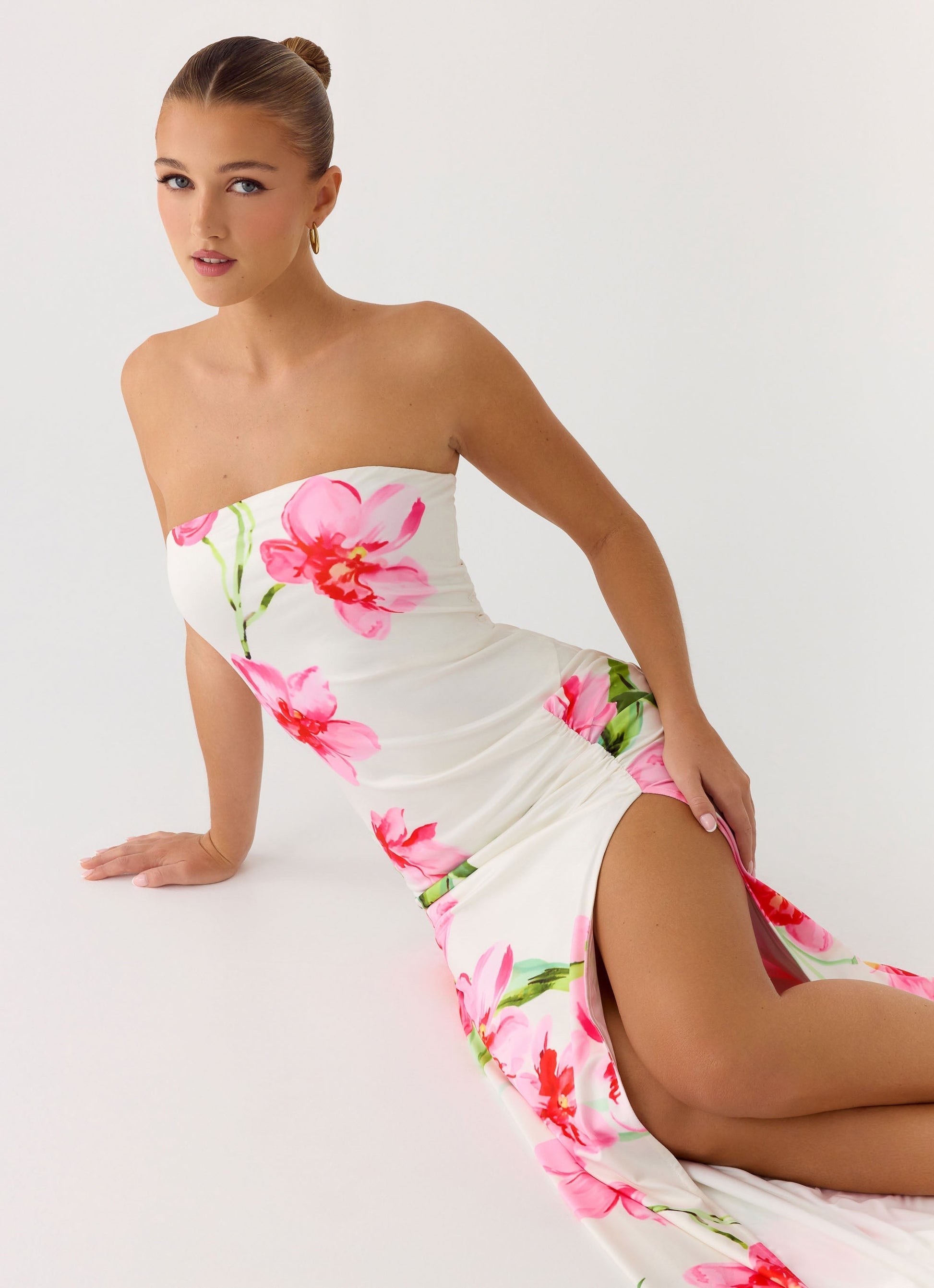 Women's Stretch Jersey Maxi Dress | Elegant Strapless Evening Gown with Front Slit 5