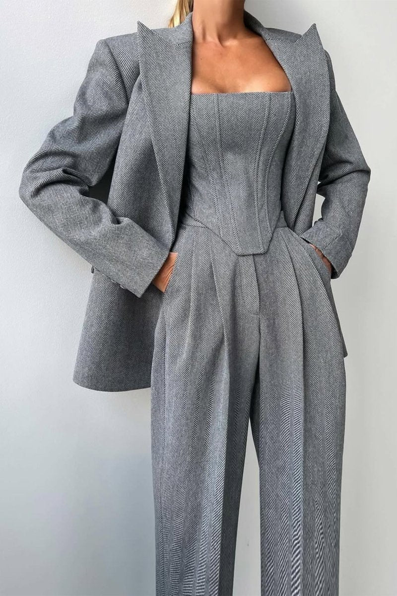 Women's 3-Piece Blazer Corset Top Wide-Leg Trouser Suit Set