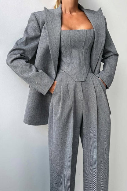 Women's 3-Piece Blazer Corset Top Wide-Leg Trouser Suit Set