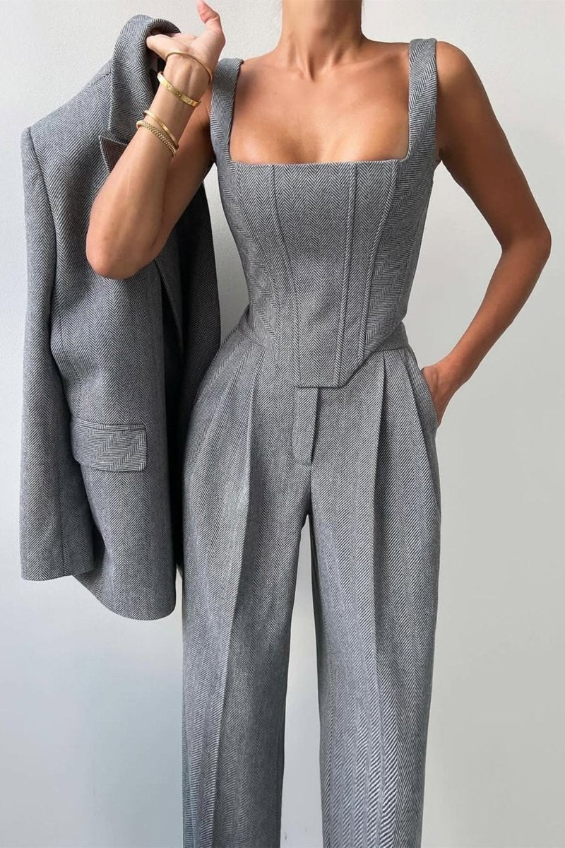 Women's 3-Piece Blazer Corset Top Wide-Leg Trouser Suit Set