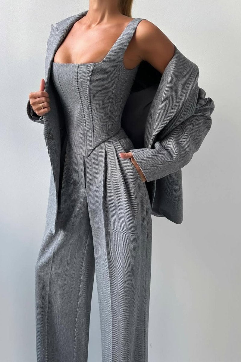 Women's 3-Piece Blazer Corset Top Wide-Leg Trouser Suit Set