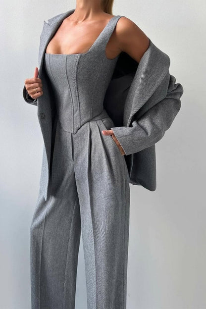 Women's 3-Piece Blazer Corset Top Wide-Leg Trouser Suit Set