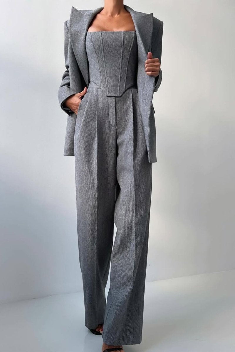Women's 3-Piece Blazer Corset Top Wide-Leg Trouser Suit Set