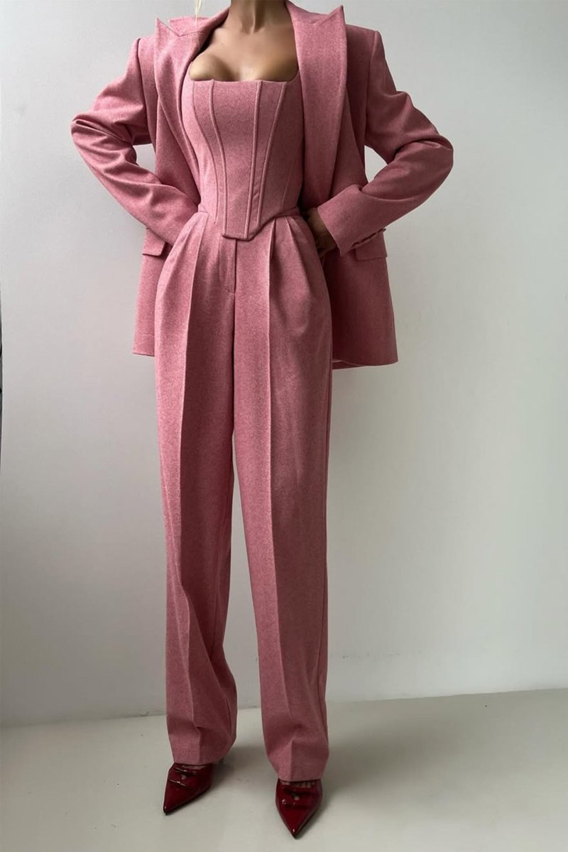 Women's 3-Piece Blazer Corset Top Wide-Leg Trouser Suit Set