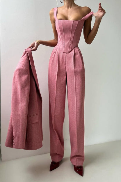 Women's 3-Piece Blazer Corset Top Wide-Leg Trouser Suit Set