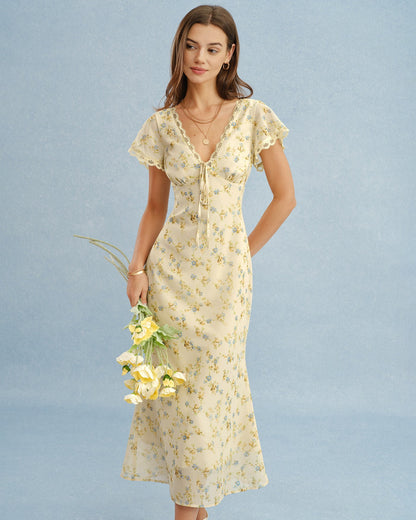 Women's Yellow Floral Lace Maxi Dress V-Neck A-Line Short Sleeve Spring