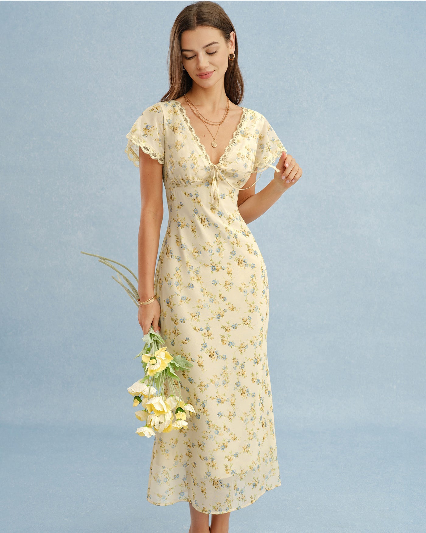 Women's Yellow Floral Lace Maxi Dress V-Neck A-Line Short Sleeve Spring