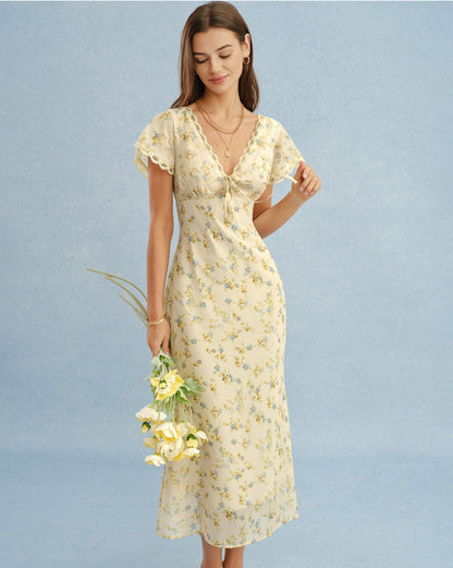 Women's Yellow Floral Lace Maxi Dress V-Neck A-Line Short Sleeve Spring