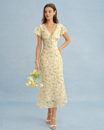 Women's Yellow Floral Lace Maxi Dress V-Neck A-Line Short Sleeve Spring