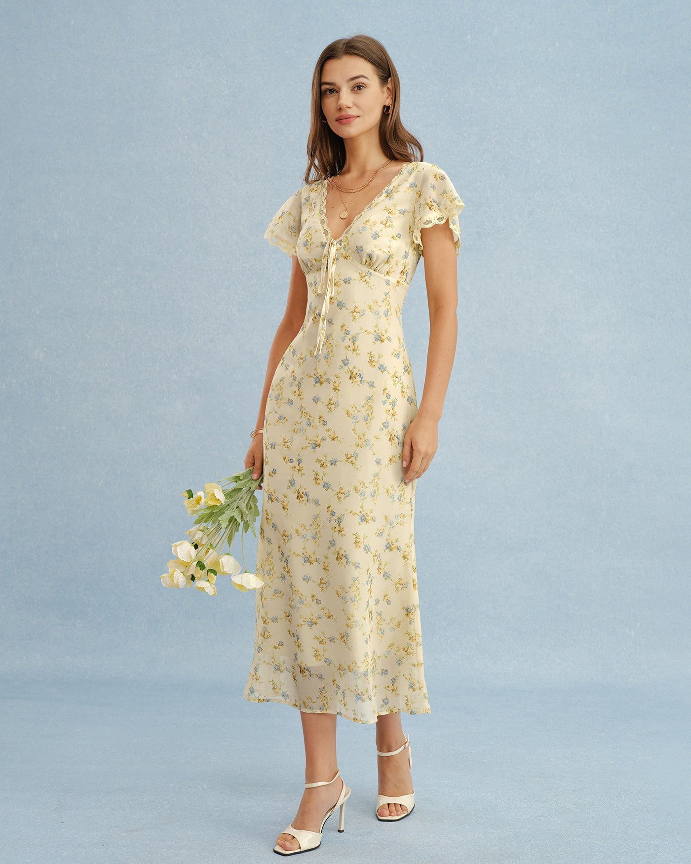 Women's Yellow Floral Lace Maxi Dress V-Neck A-Line Short Sleeve Spring