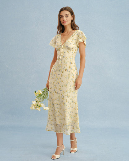 Women's Yellow Floral Lace Maxi Dress V-Neck A-Line Short Sleeve Spring