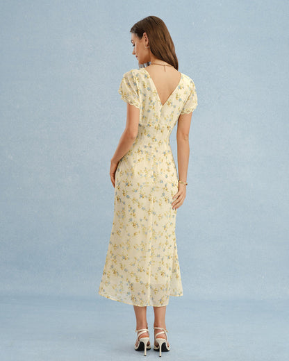 Women's Yellow Floral Lace Maxi Dress V-Neck A-Line Short Sleeve Spring