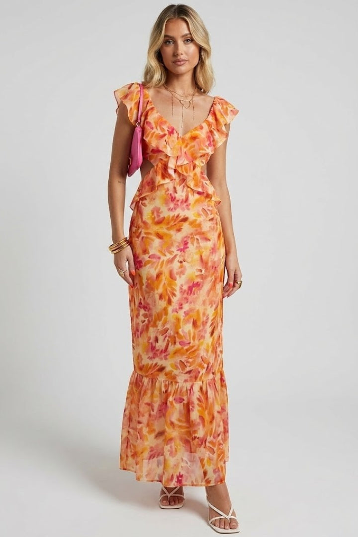 Fleur™ Floral Maxi Dress — Sleeveless V-Neck Ruffle Strap