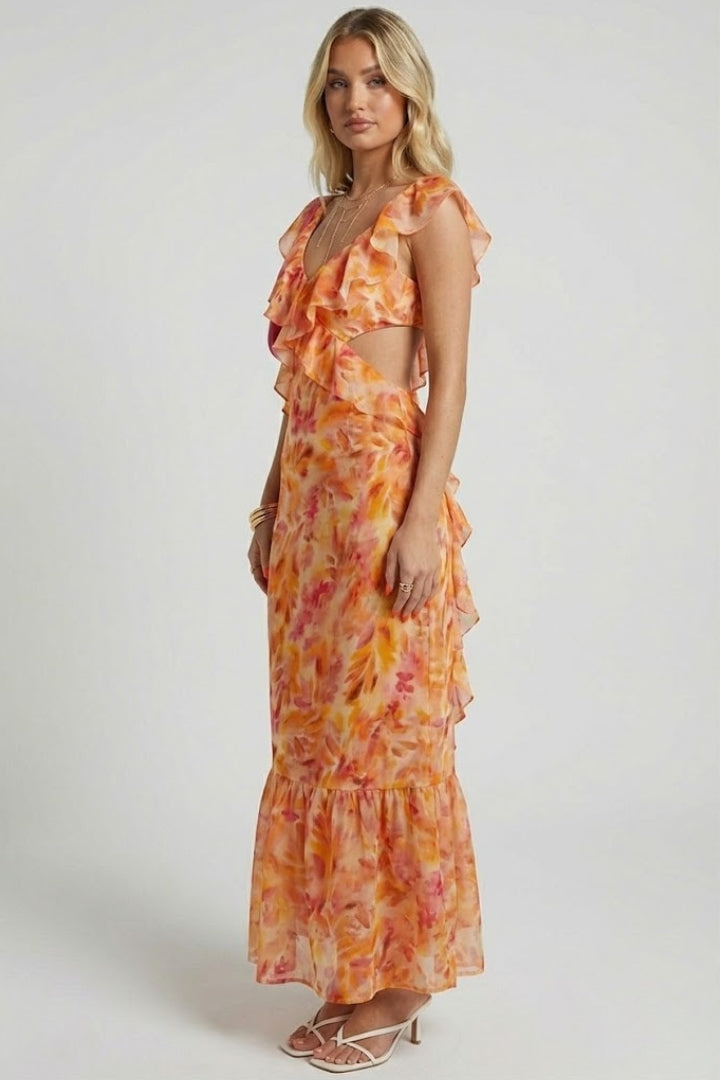 Fleur™ Floral Maxi Dress — Sleeveless V-Neck Ruffle Strap