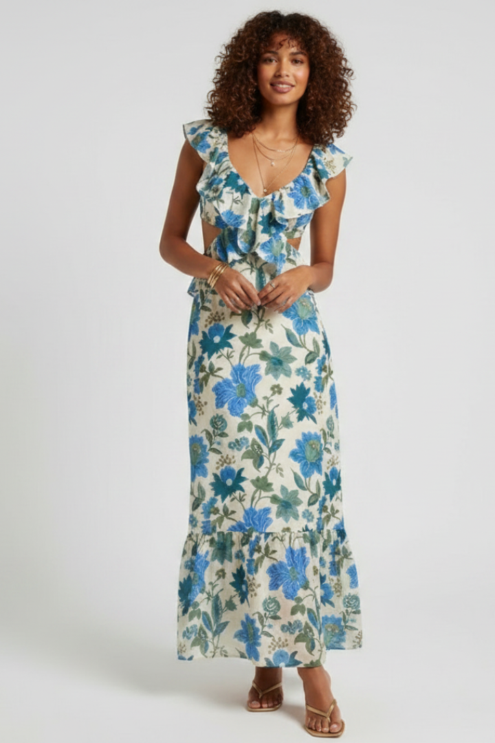 Fleur™ Floral Maxi Dress — Sleeveless V-Neck Ruffle Strap