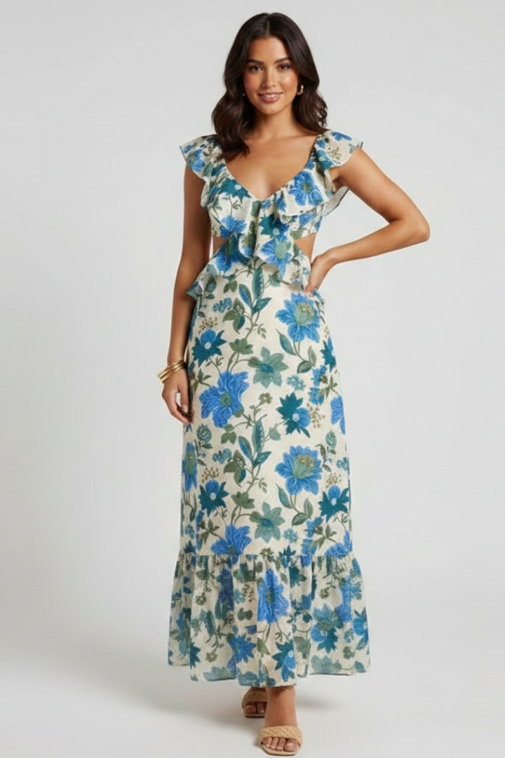 Fleur™ Floral Maxi Dress — Sleeveless V-Neck Ruffle Strap